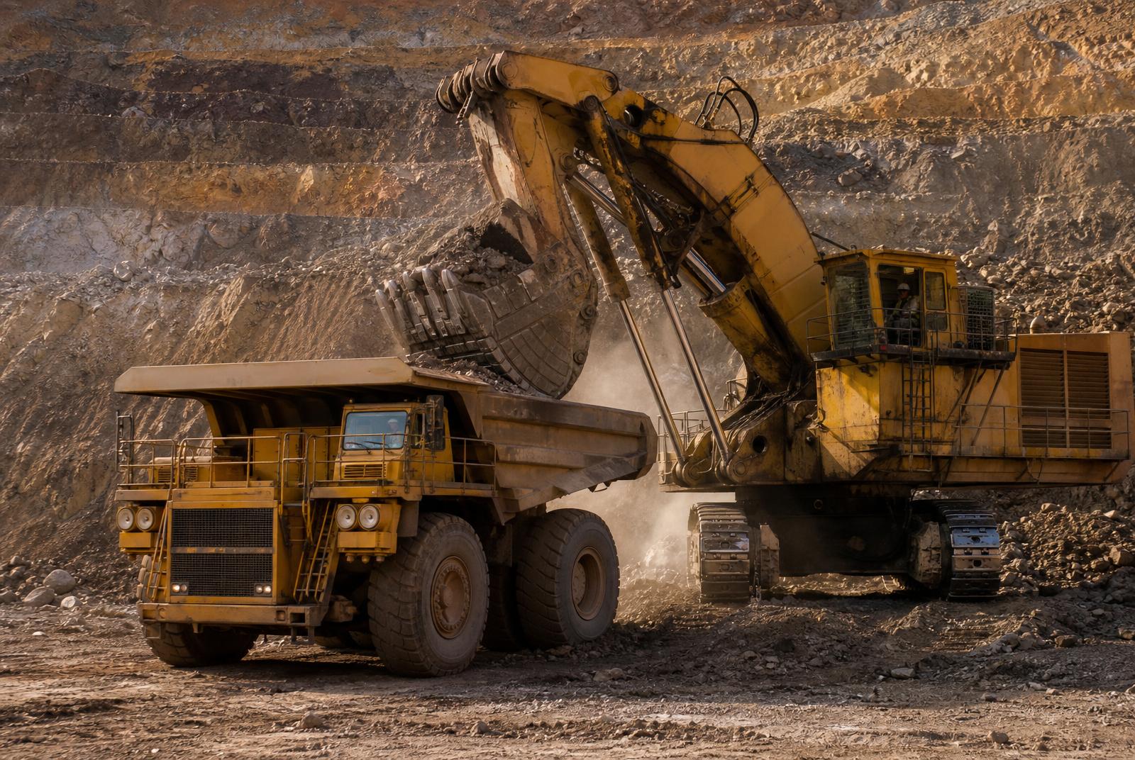 Caterpillar mining haul truck being loaded by a hydraulic excavator in an open-pit mine — heavy-duty diesel mining equipment Caterpillar mining haul truck being loaded by a hydraulic excavator in an open-pit mine — heavy-duty diesel mining equipment