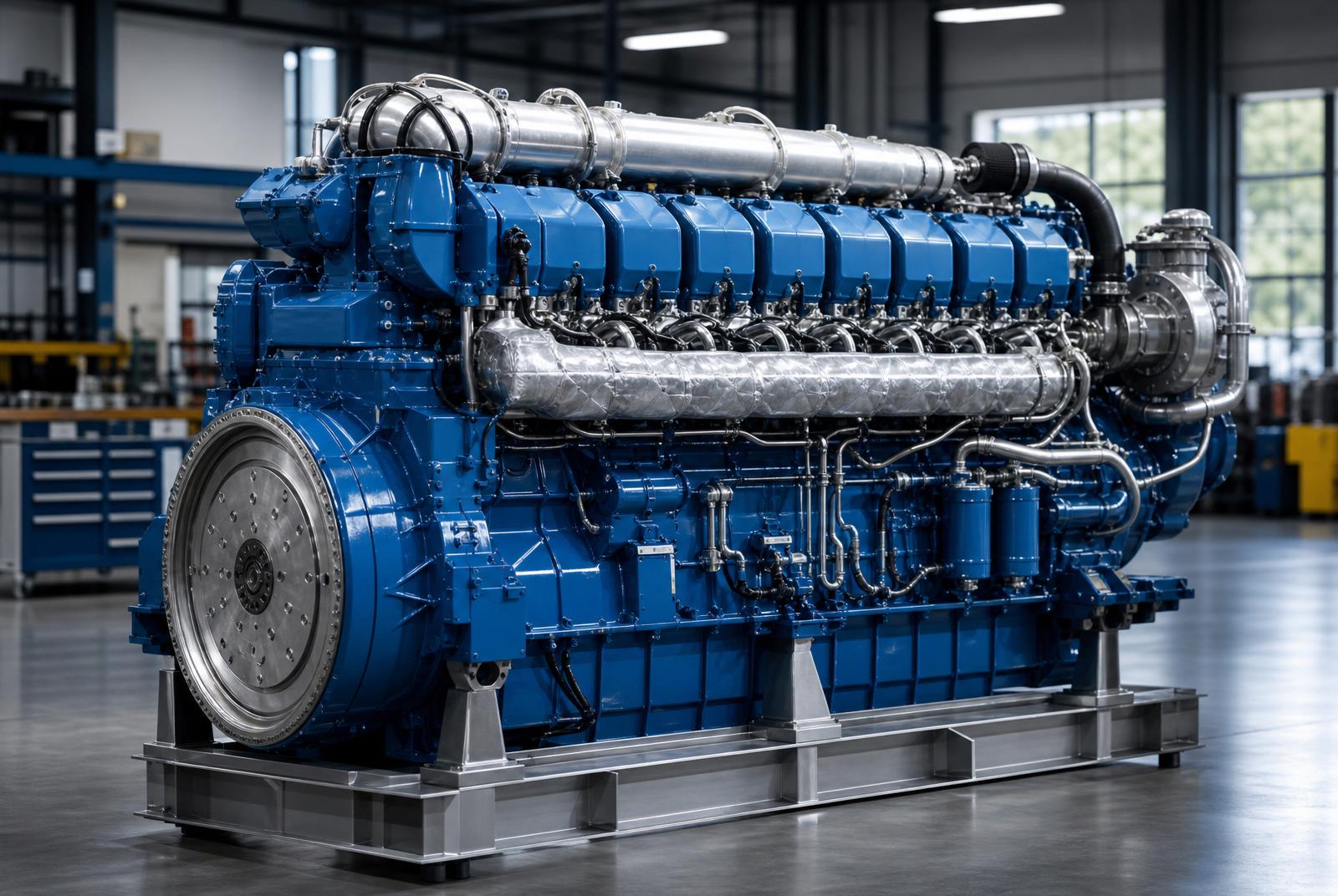Wärtsilä 32 medium-speed marine diesel engine — full inline view of cylinder block, turbocharger and flywheel Wärtsilä 32 medium-speed marine diesel engine — full inline view of cylinder block, turbocharger and flywheel